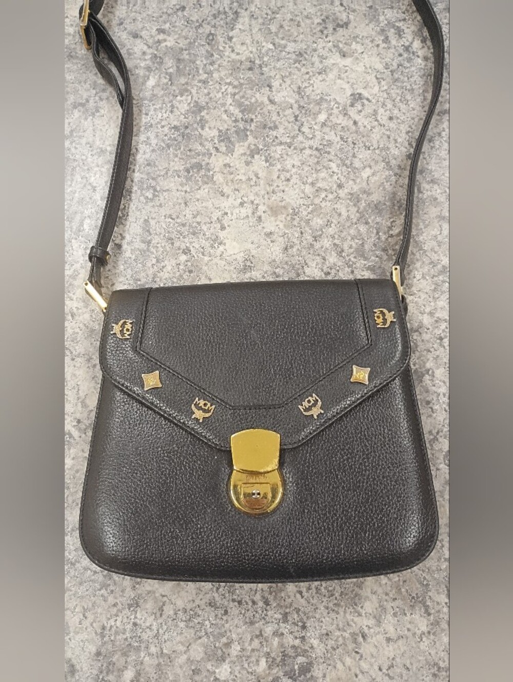 MCM Black Leather Crossbody with Gold Logo Studs